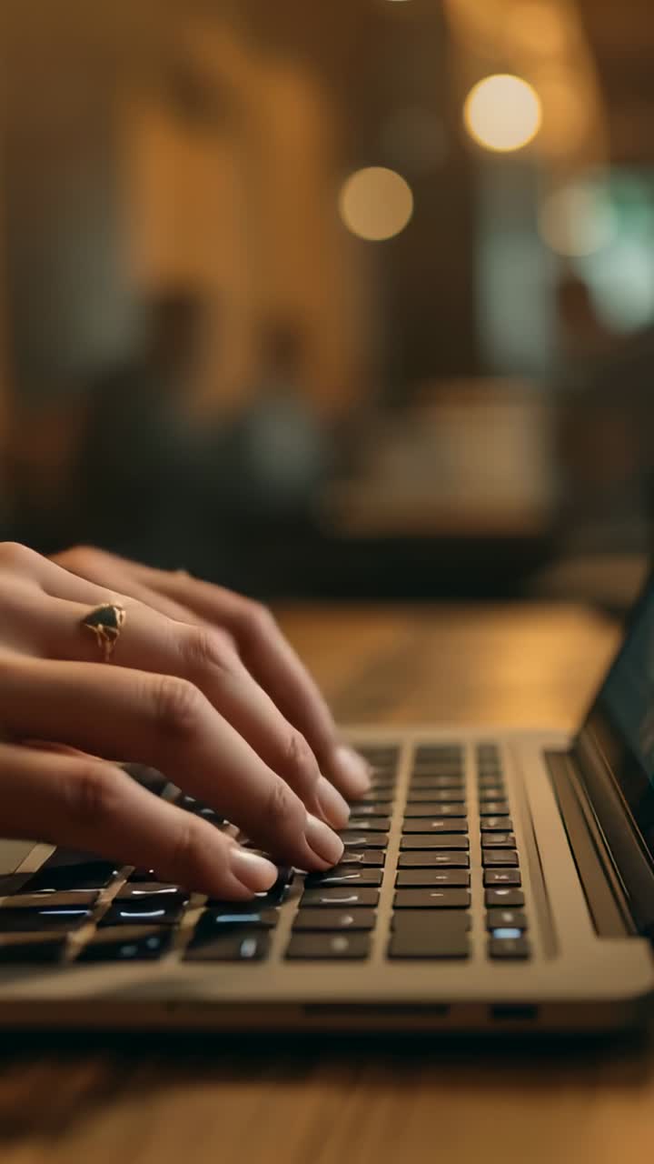 Vertical video: Opening shot showing laptop keyboard, woman's hands with gold ring typing in cafe