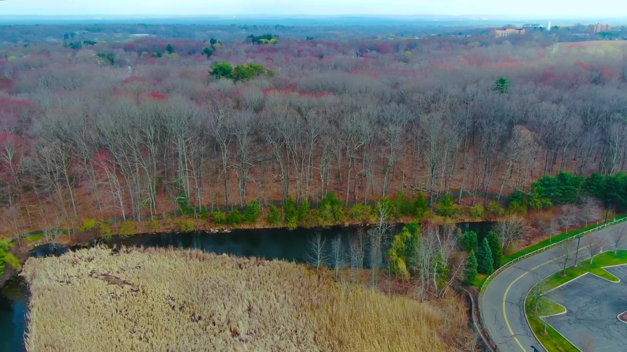 Záběr z dronu pohybující se do strany nad vodou obklopenou stromy a přírodní krajinou během jarního odpoledne ve Windsoru, Connecticut