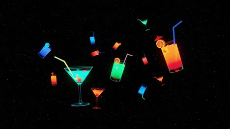 a vibrant array of animated cocktails and refreshing drinks floating in a cosmic space, showcasing colorful glasses and straws in a cheerful display