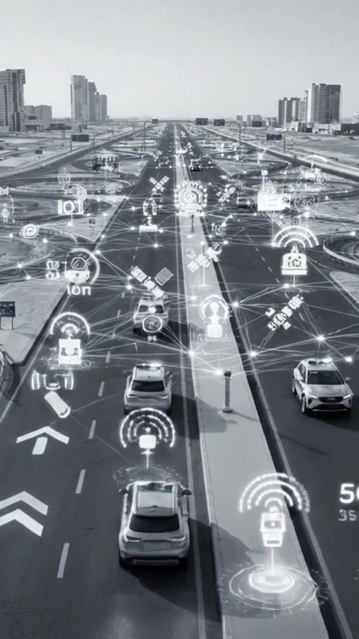 Connettività Urbana: Un veicolo intelligente naviga su una strada digitalmente avanzata con tecnologia V2X e segnali di comunicazione in un paesaggio urbano futuristico.