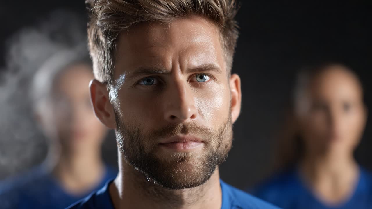 Intense Focus and Determination Captured in a Powerful Portrait of an Athlete Showcasing Strength and Resolve Amidst a Blurred Team Background
