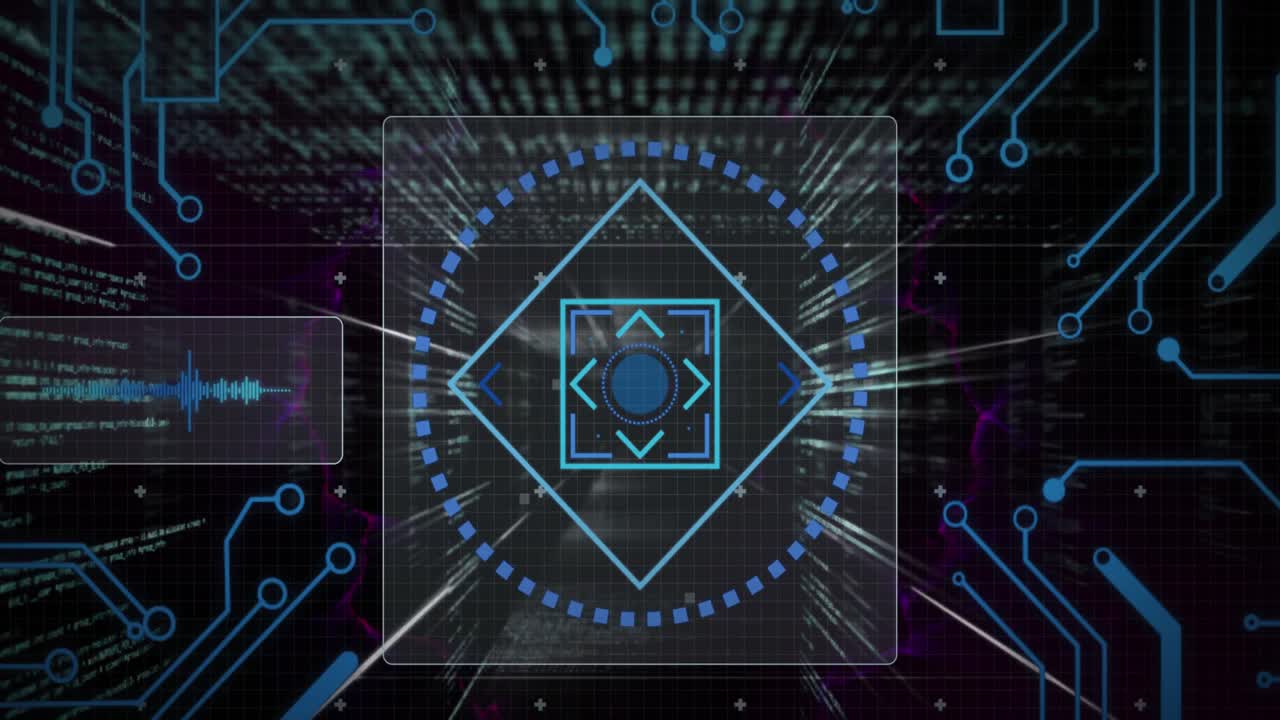 Animation of data processing with scope scanning on black background