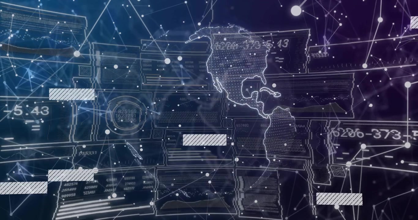 Dark blue grid initiating state outline and sliding bars, rotating globe visualizing data fading