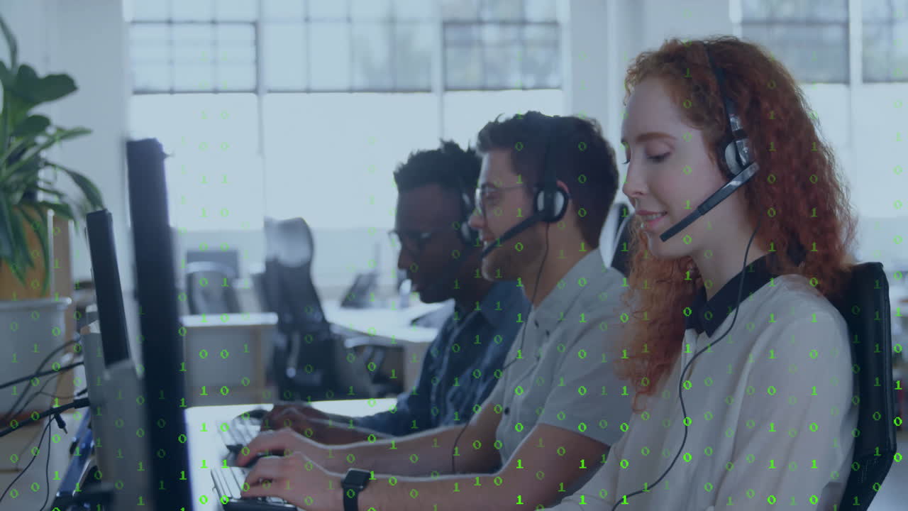 Animation of binary coding data processing over diverse business people in office