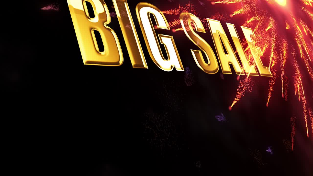 흑색 배경에 모션 그래픽 효과를 가진 불꽃놀이 입자, 4k 3d 원활한 루프 캘리그라피, 금색 텍스트 단어 및 광고, 판매 홍보를위한 다채로운 스파크 불꽃 놀이.