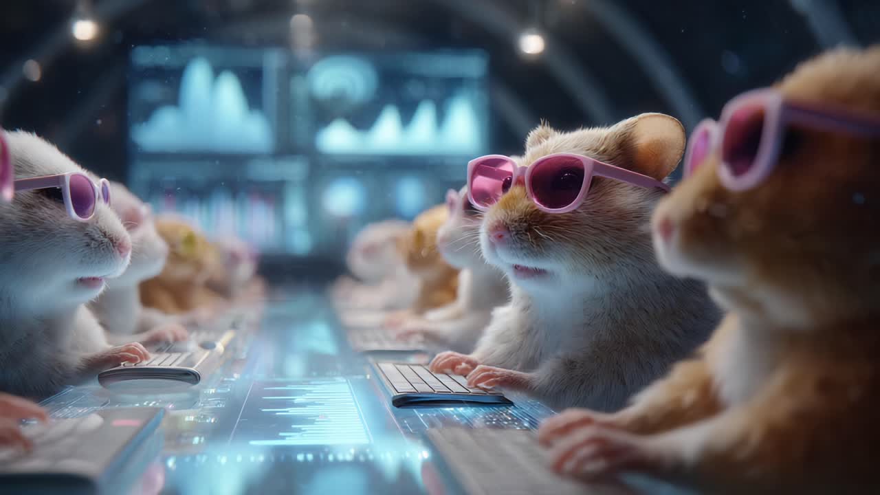 A Team of Fashionable Hamsters in Sunglasses Engaged in Tech-Savvy Activities in a Futuristic Workspace: An Adventure in Rodent Intelligence and Digital Skills
