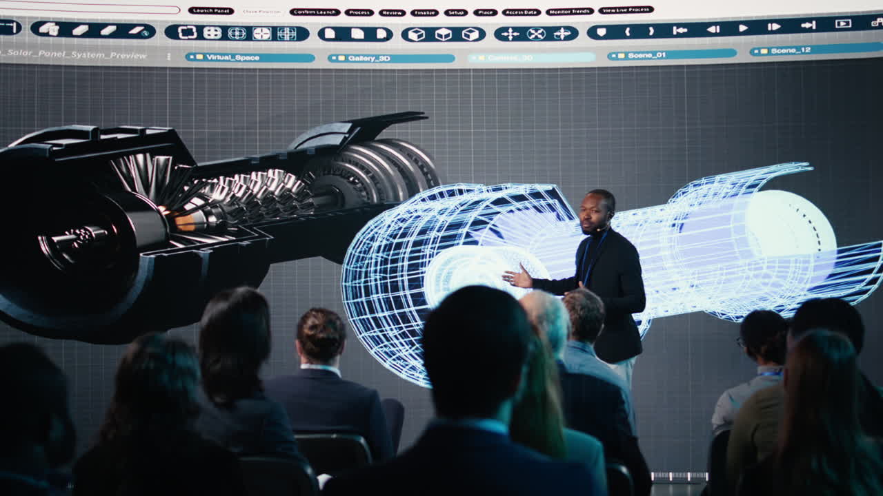Male speaker hosts heavy industrial presentation with turbines and gear systems