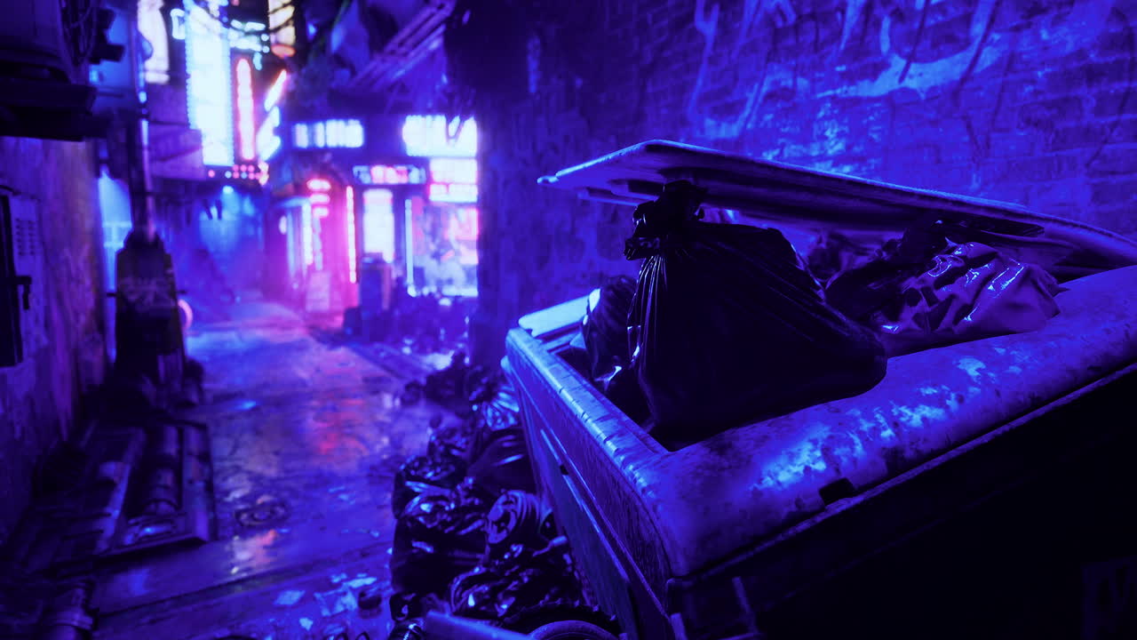 Urban alleyway at night featuring neon lights and a dumpster full of trash