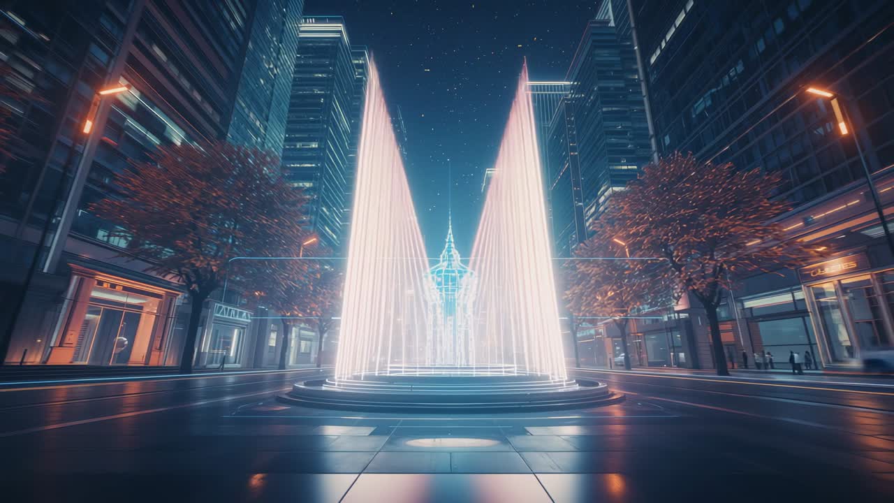 Powering up holographic fountain raising twin light beams in urban plaza, with red-leaved trees