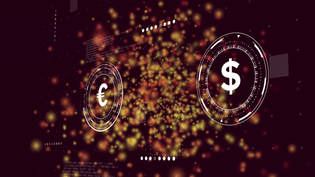Euro and dollar symbols with exchange arrows over glowing particles animation