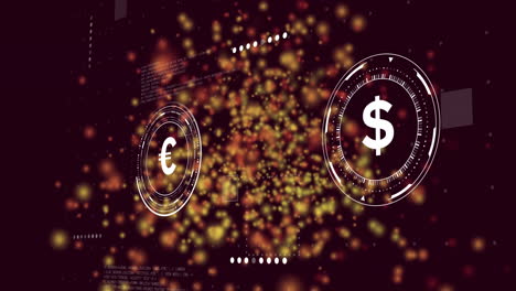 Euro and dollar symbols with exchange arrows over glowing particles animation