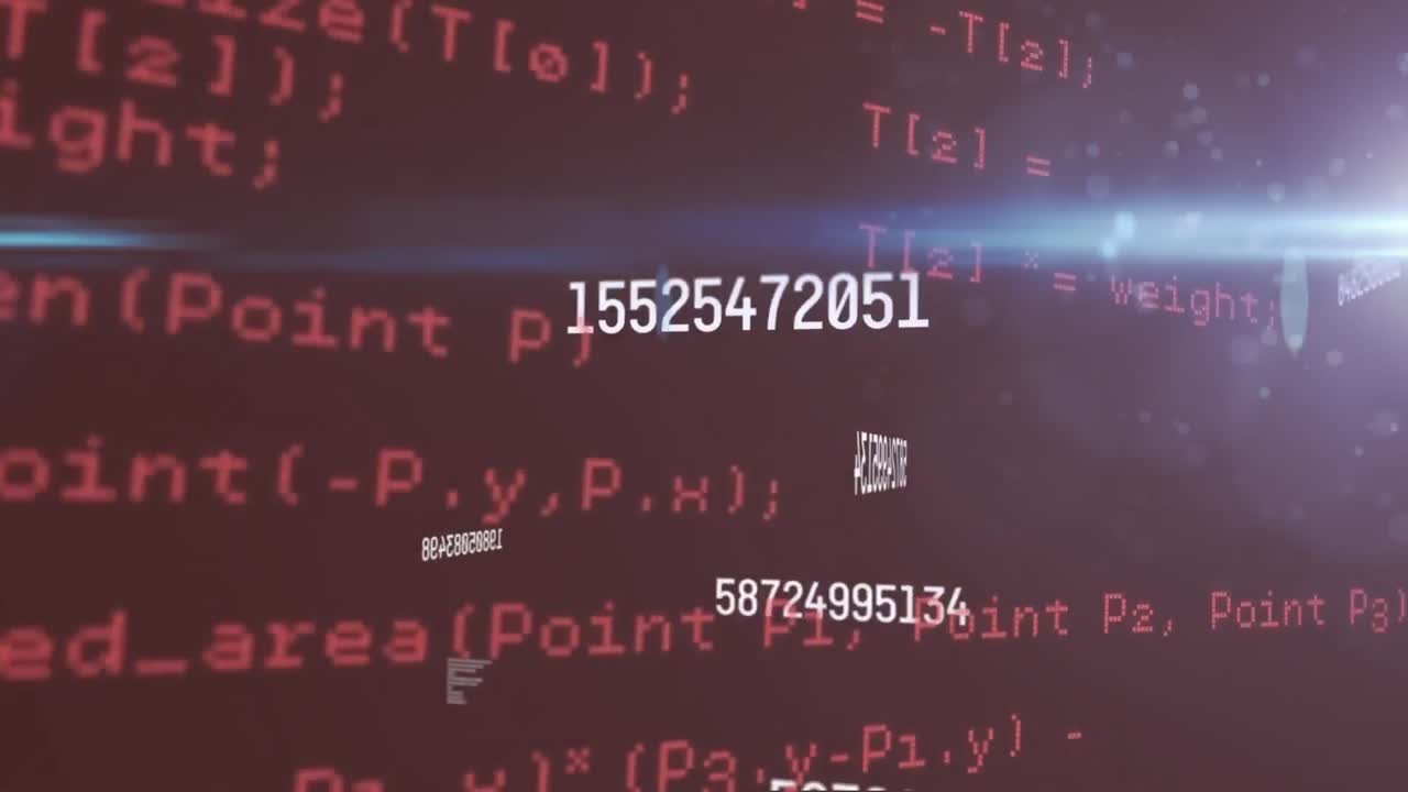 Animation of changing numbers over looping computer language against black background