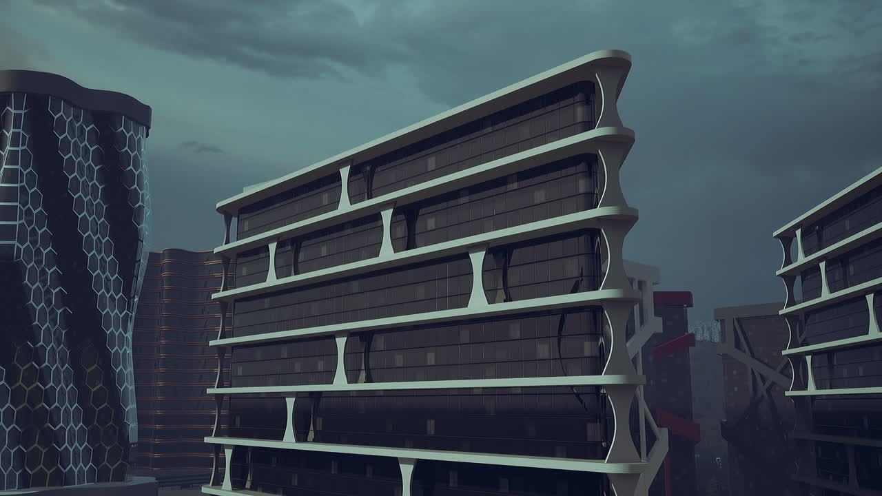 Group of tall buildings in futuristic cityscape