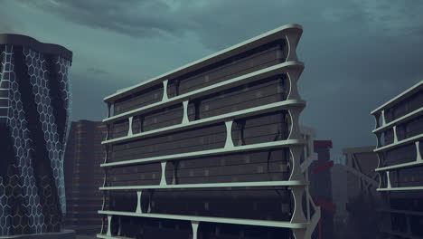 group of tall buildings in futuristic cityscape