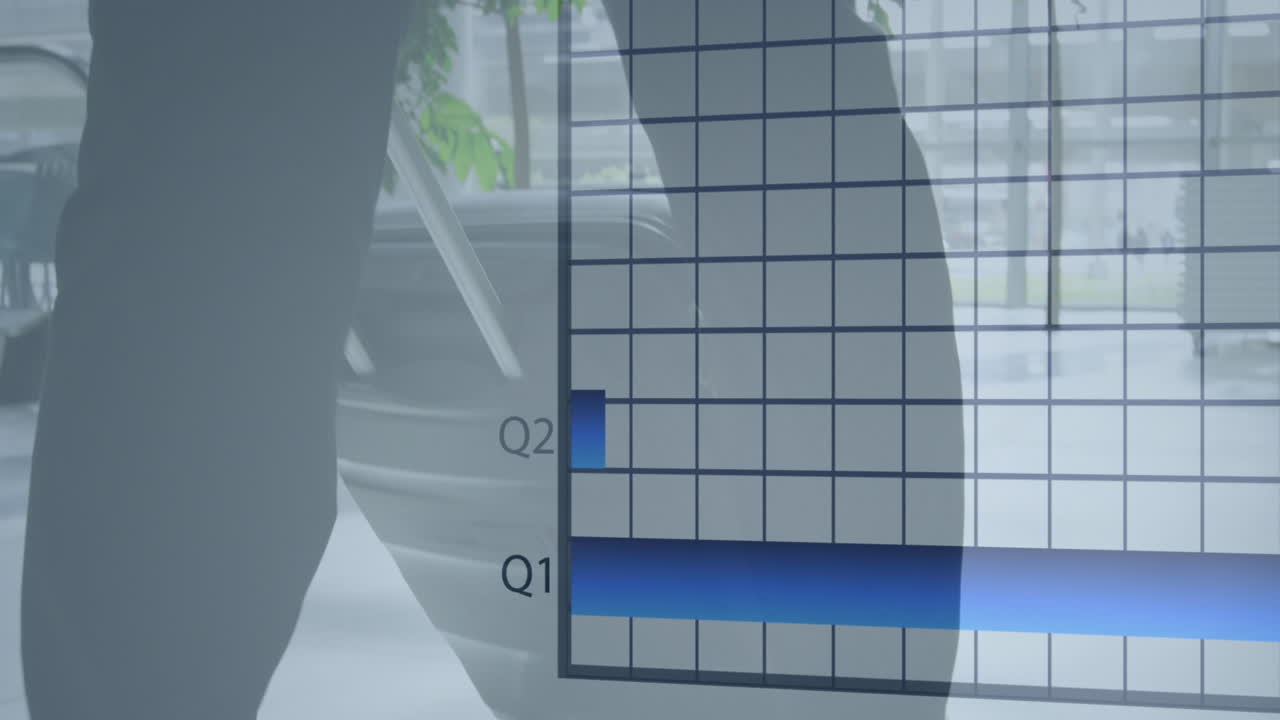 スーツケースを持ったビジネスマンによる金融統計処理のアニメーション