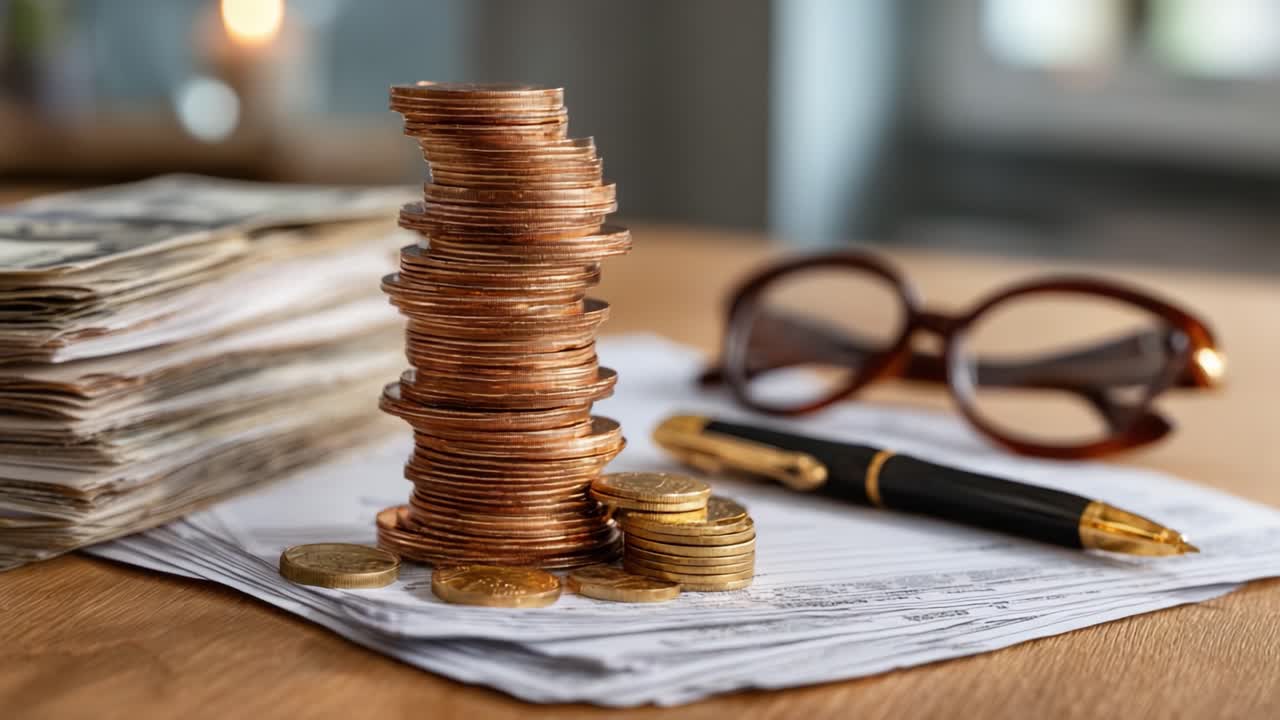 Stacks of Copper Coins Surrounded by Paperwork, Dollar Bills, and a Pen, Symbolizing Financial Management and Investment Strategies in a Contemporary Setting