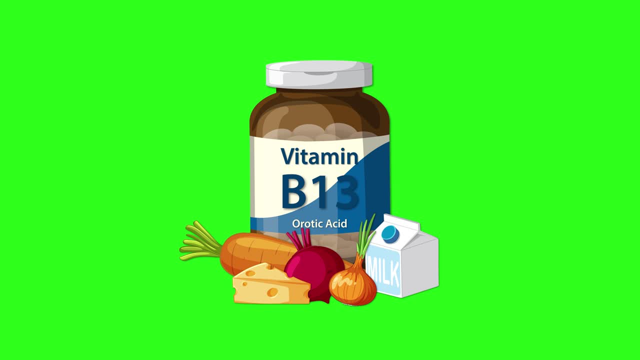 Vitamin B13 bottle with vegetables, cheese, and milk appears on green screen, smooth transition animation