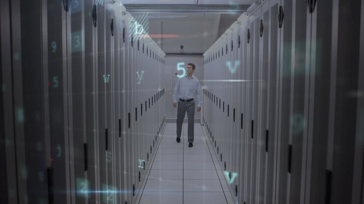 Animation of virus scanning and caucasian man checking servers