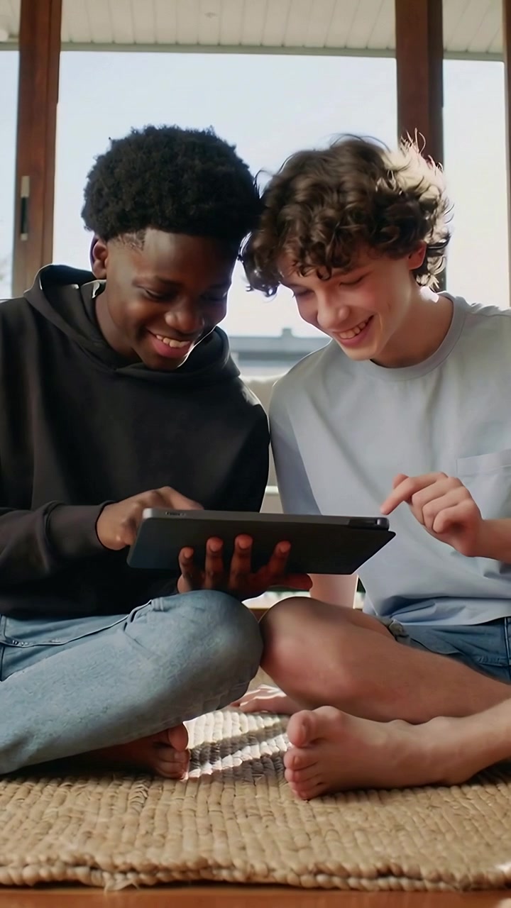 Vertical video: Two teens leaning, sharing tablet in living room, reacting to content and laughing