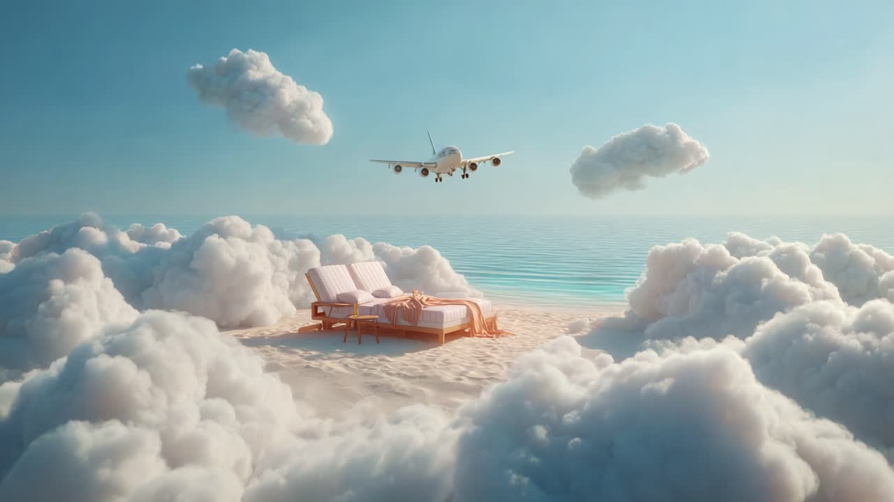A Dreamy Scene of Relaxation Amidst Soft Clouds and Calm Waters, Featuring a Cozy Sun Lounger Beside an Approaching Airplane Against a Stunning Sky Landscape