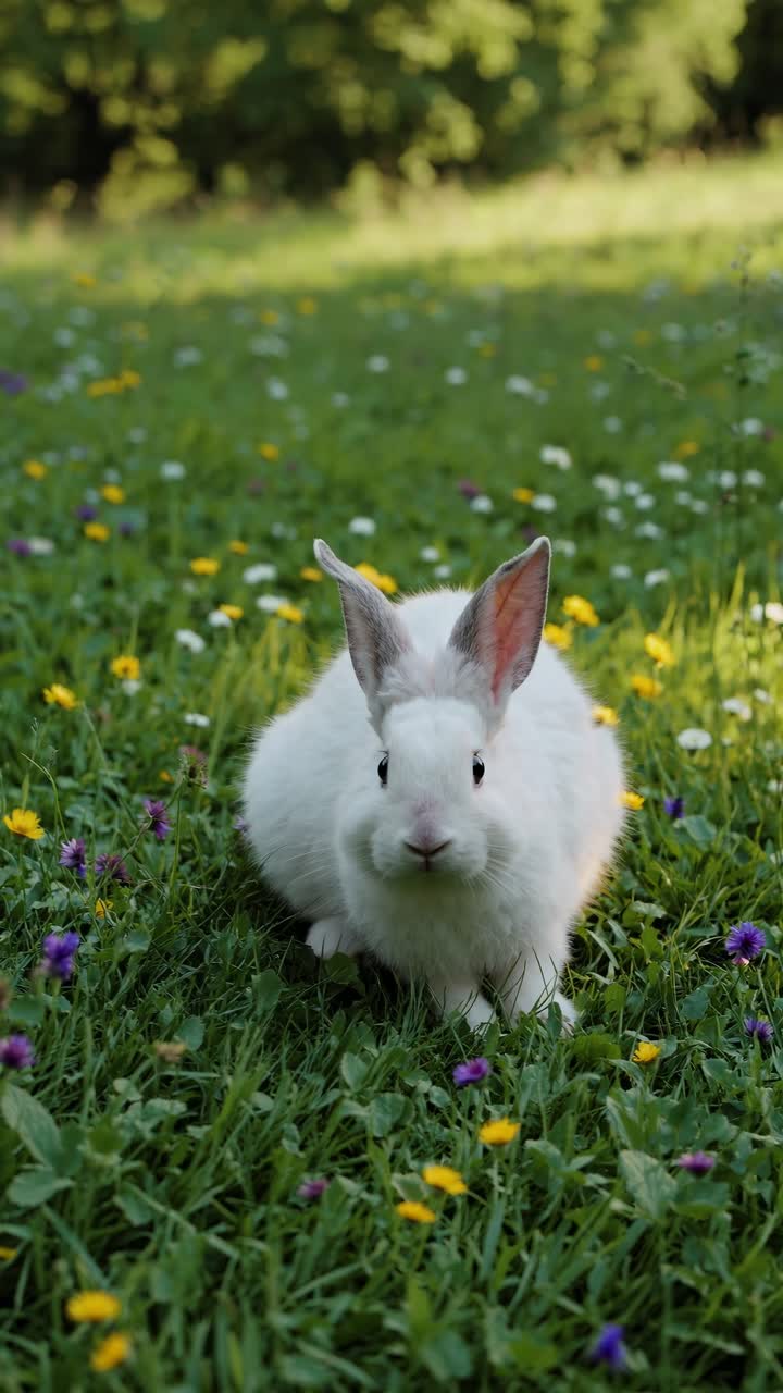 A close-up, eye-level video shot of a white rabbit in a vibrant meadow, surrounded by colorful