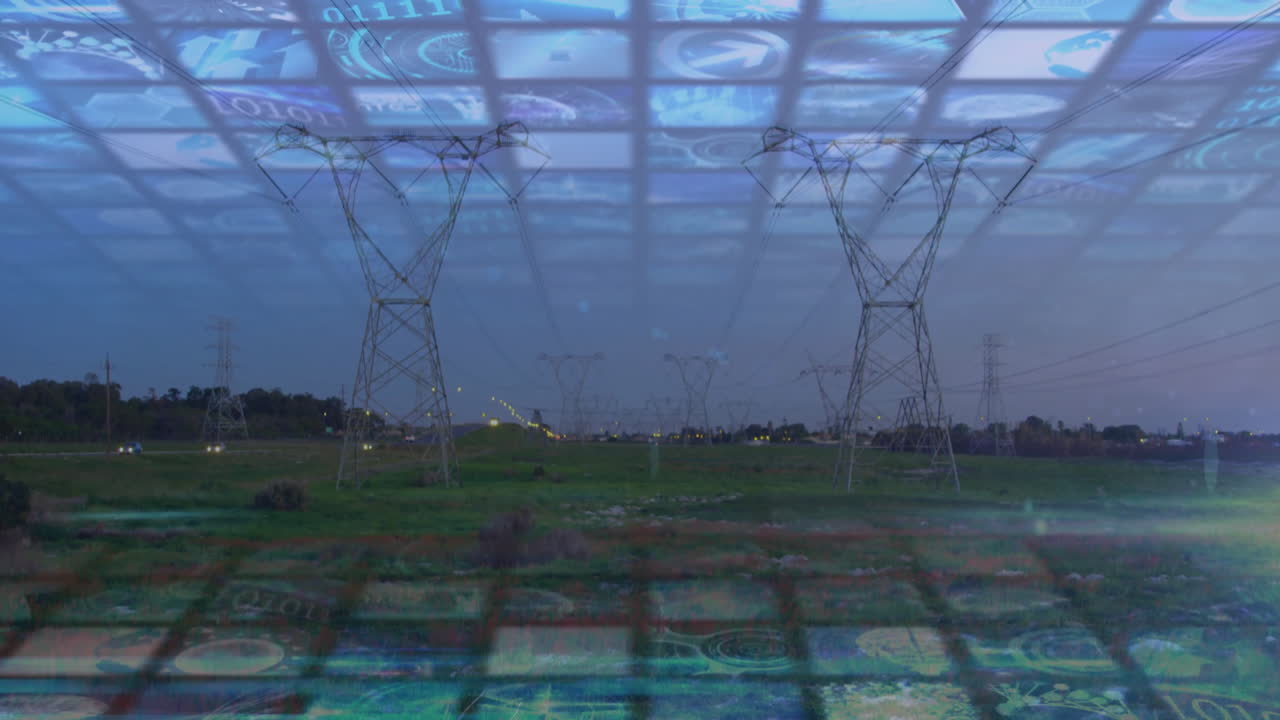 Power lines stretching across landscape with digital data animation overlay
