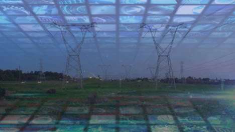 power lines stretching across landscape with digital data animation overlay