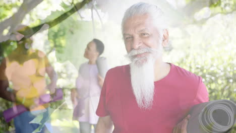 animación de puntos de luz y árboles sobre diversas personas mayores que practican yoga en el jardín