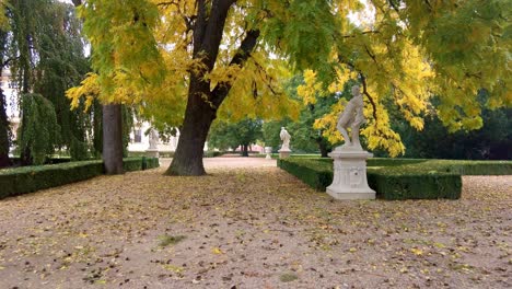 video push-in en un lujoso jardín durante el otoño con una escultura blanca y un roble común en slavkov u brna, república checa