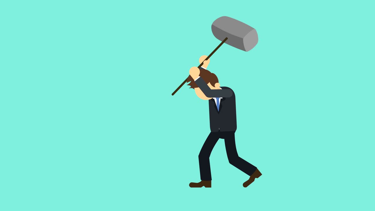 Uomo d'affari che sfonda il muro. Concetto di libertà e sfida. Illustrazione in loop in stile piatto