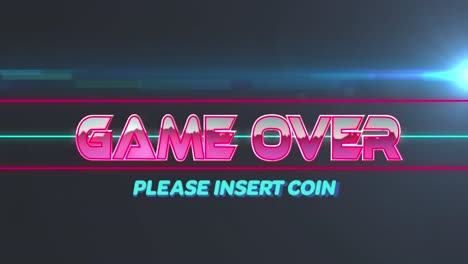 Animation-of-game-over-please-insert-coin-against-blue-light-spot-against-grey-background
