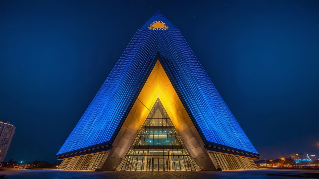 Zooming camera tilting toward apex at night, revealing blue LEDs, golden glass doors, sun emblem