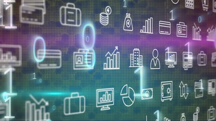 Animação de código binário e ícones financeiros em fundo roxo