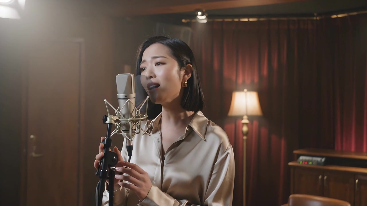 นักร้องชาวเอเชียกำลังร้องเพลงอยู่ตรงกลาง เตรียมบันทึกเสียงในสตูดิโอ สวมเสื้อซาตินและถือไมโครโฟน