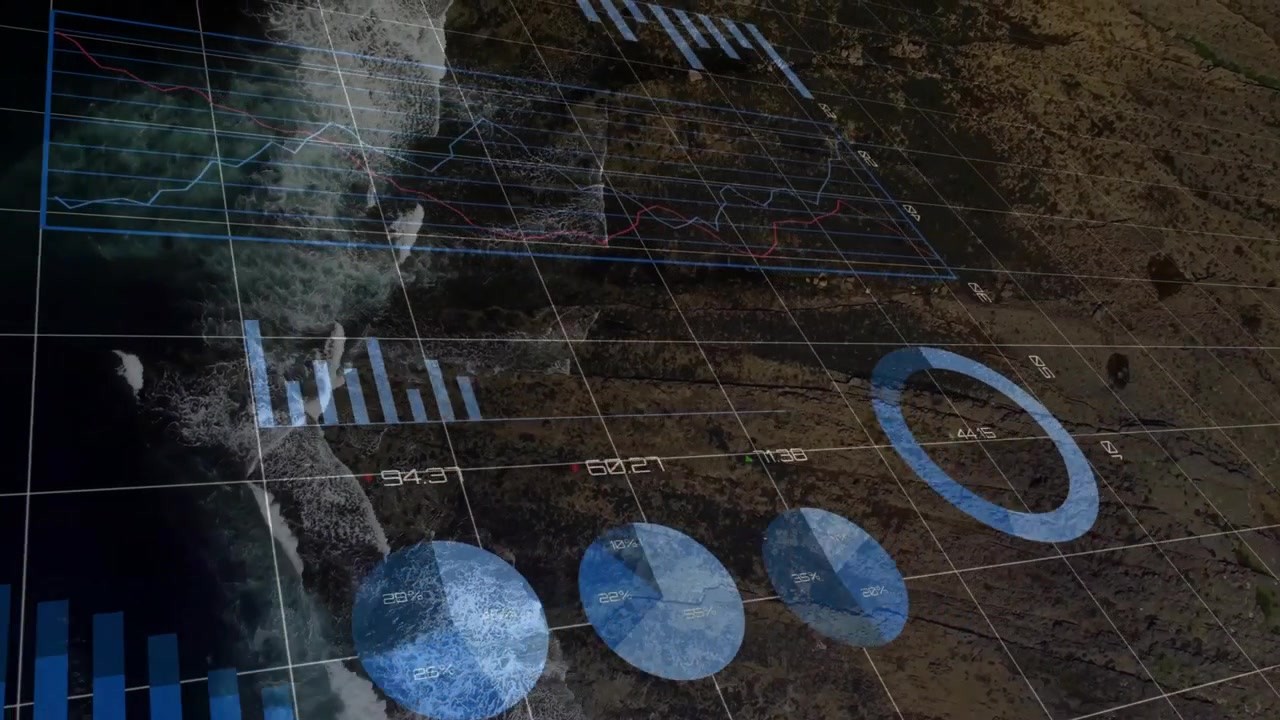 Geospatial HUD over coast, receiving data feed and animating bars, pies, ring for mapping