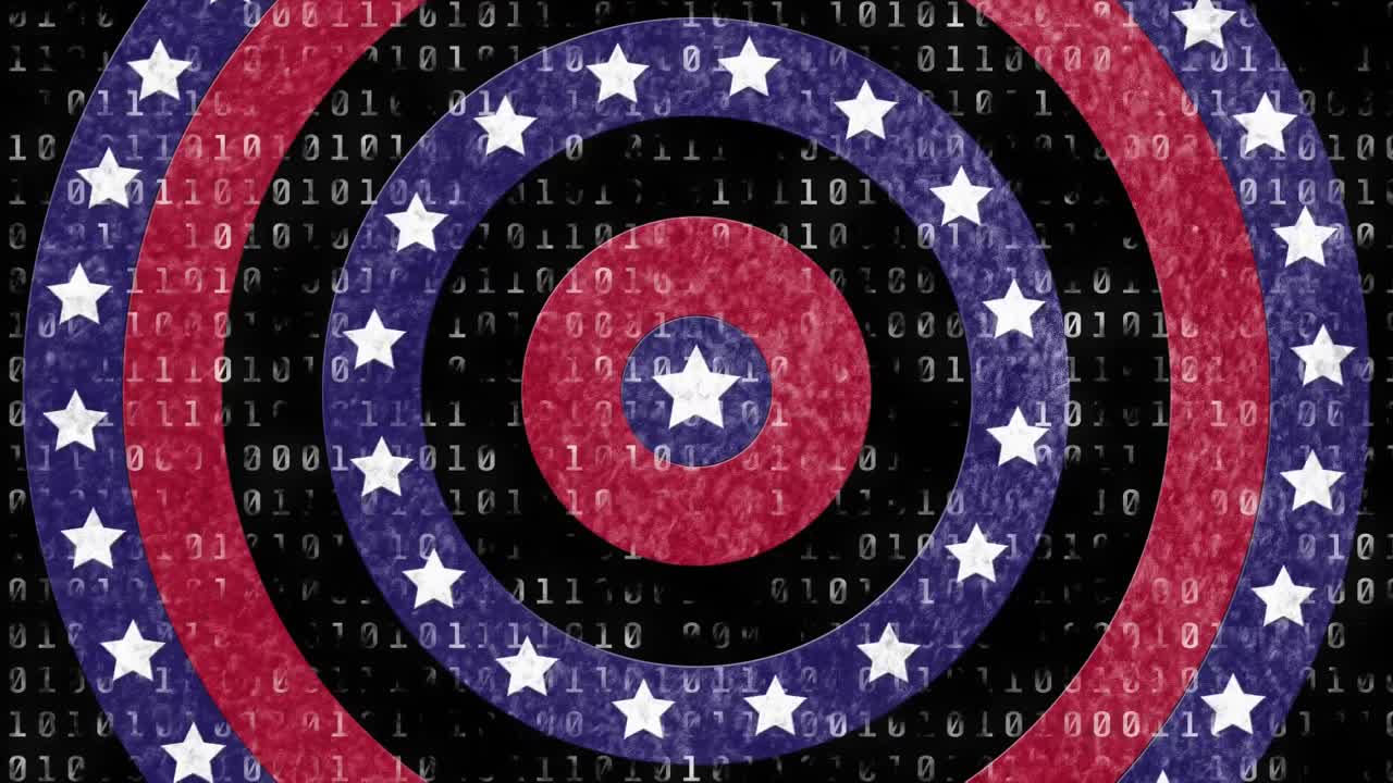 Animation of circles spinning with American flag  stars and stripes with binary coding