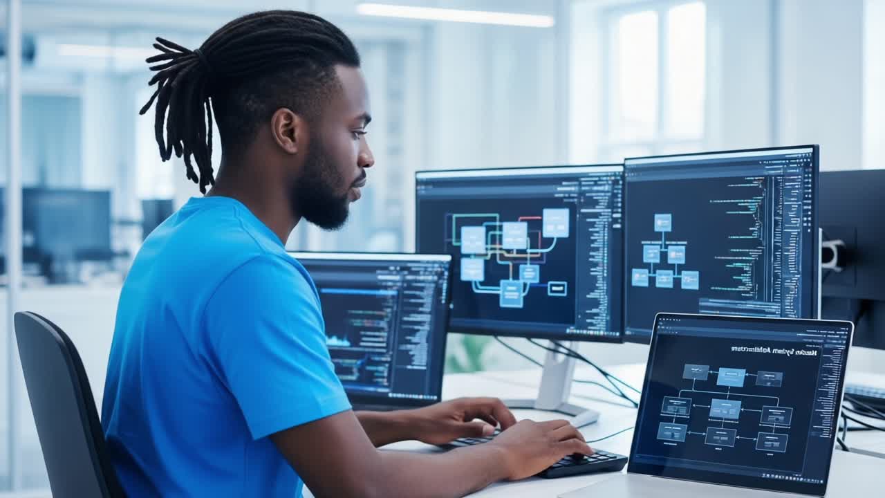 A focused individual engaged in data analysis at a modern workstation, surrounded by multiple screens displaying complex programming flows and organizational charts in a bright office environment