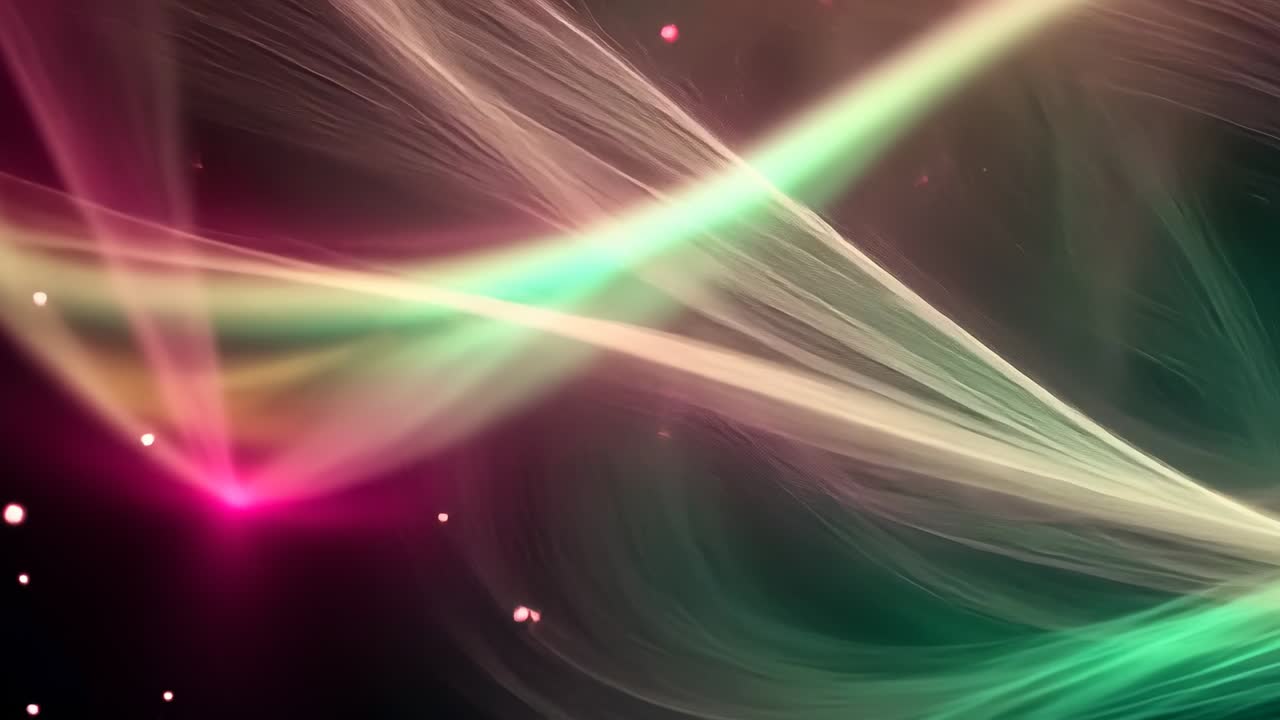 Starting animation, ribbons shifting across dark void, exposing filaments, particles, creating flow