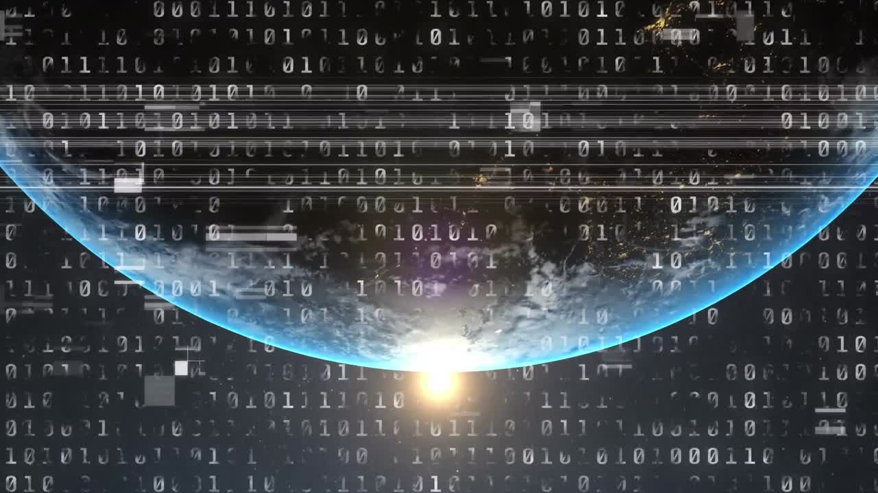 анимация двоичного кодирования над планетой земля