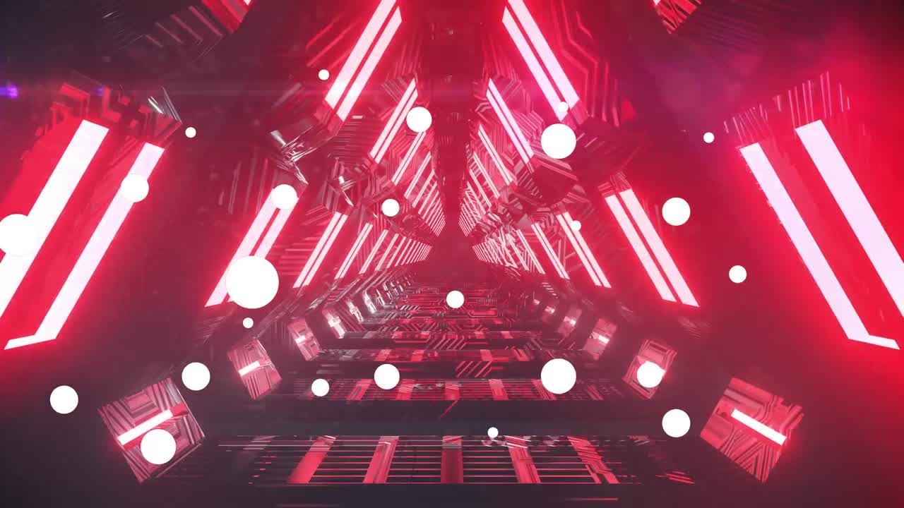 Animation of geometrical red shapes over geometrical glowing red lights