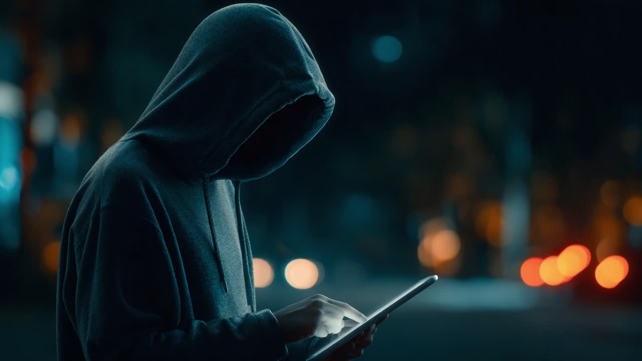 A silhouetted figure in a hoodie stands in a dimly lit urban environment, engrossed in using a tablet, surrounded by soft glowing lights from the city at night