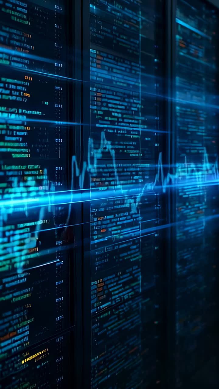 Vertical video: Once appearing blue waveform line sweeping code panels, highlighting syntax updates