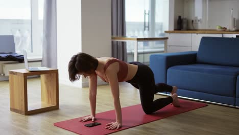 Young-sporty-lady-turning-on-timer-on-smartphone-and-start-doing-plank-exercise