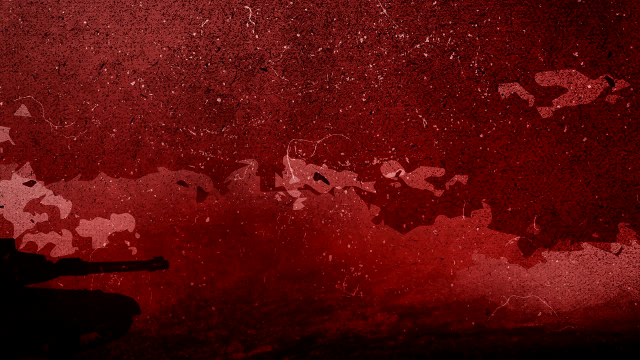 전쟁 크의 손으로 그려진 실루은 은 하늘 앞에 거친 전장에 이동하고, 움직이는 구름과 함께 새벽, 손으로 그린 애니메이션 4k 루프 비디오