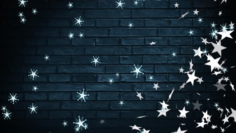 animación de copos de nieve de navidad y estrellas cayendo sobre un fondo de ladrillo negro