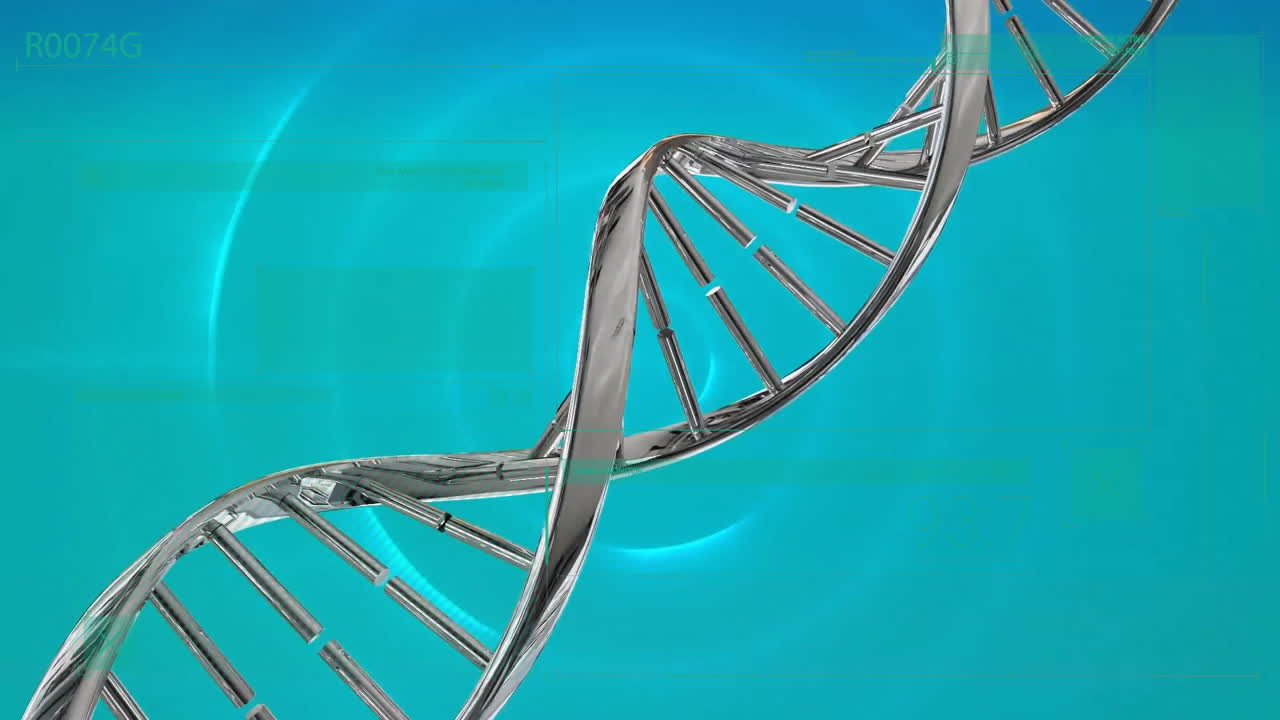animación de la cadena de adn sobre el procesamiento de datos en fondo azul