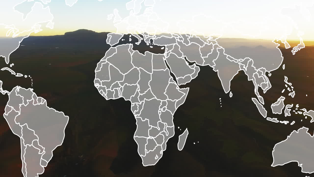 Animazione di elaborazione dati su mappa del mondo e paesaggio