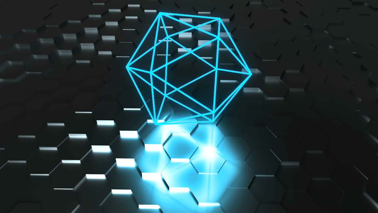 el símbolo del átomo de neón está en la superficie con reflexión, fondo de renderización 3d futurista, forma geométrica de icosaedro