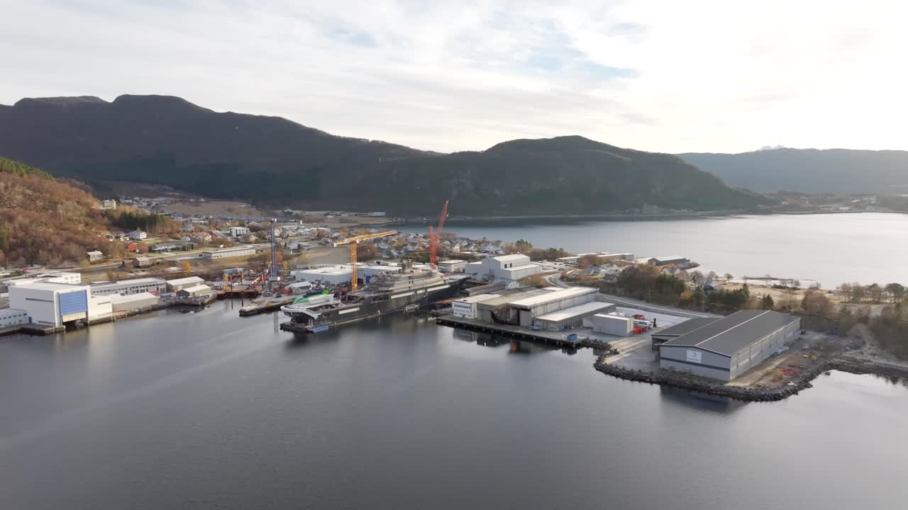 Wide-angle drone shot showing the village of S&oslash;vik just north of &Aring;lesund in Norway