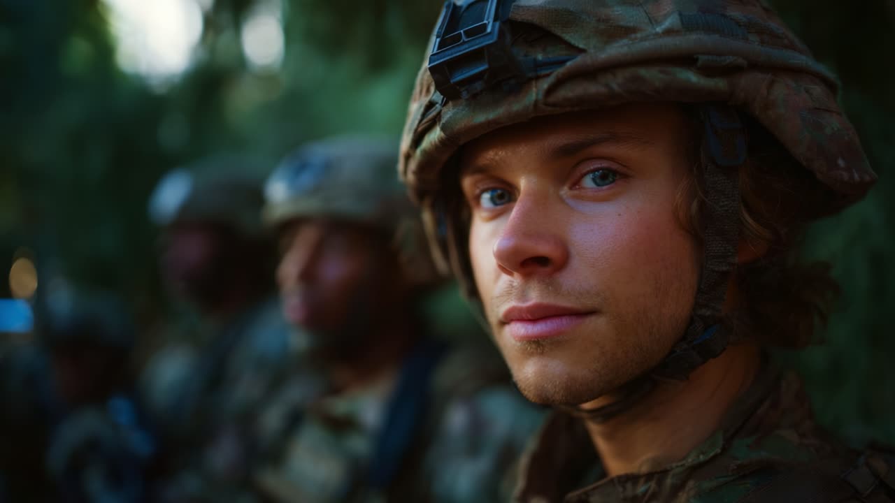 Fokuseret portræt af soldat i camouflageudstyr, svagt belyst, omgivet af medsoldater, der udviser ro og årvågenhed i et taktisk miljø